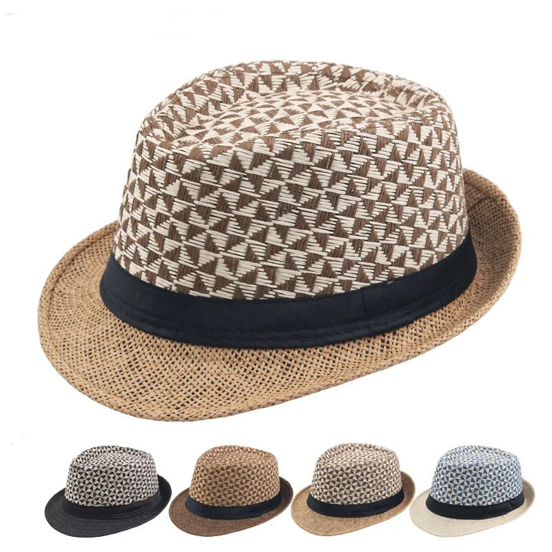 Stitching Color Geometry Shade Men Straw Hat Spring Summer Sun Protection Top Hat Jazz Cap