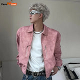 Mens Cropped PU Leather Jacket Fashion Turn-down Collar Gradient Color Retro Coat Zipper Men's Motorcycle Outwear Spring Pink