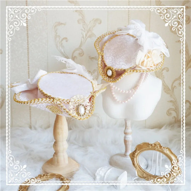 Handmade Customized Lolita Exclusive Original Palace Retro Feather Flower Bow Triangle Hat/Top Hat Lolita Accessories