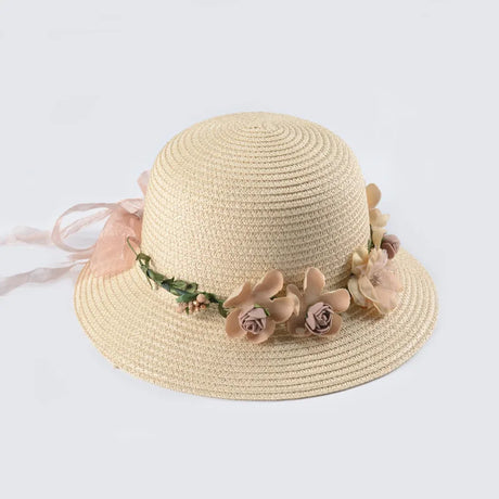 Simple Parent-child Summer New Women's Sun Hat Bucket cap beige lace Bowknot Flowers Ribbon Flat top Straw Hat Beach Caps Panama