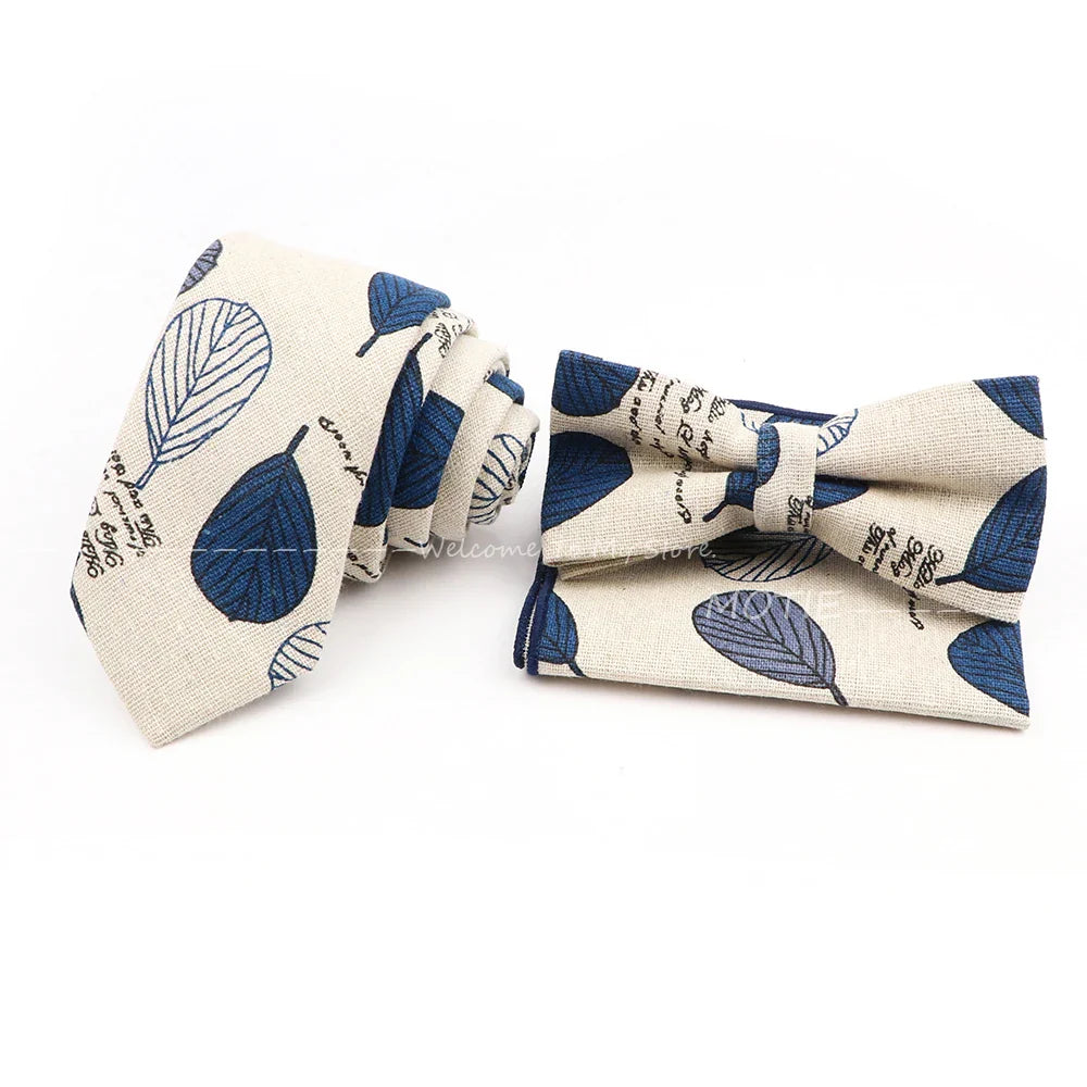 Men Linen Plant Ainmal Ties Set Pocket Handkerchief Bowtie Men Women Tuxedo Suit Unisex Business Wedding Party Accessories Gifts