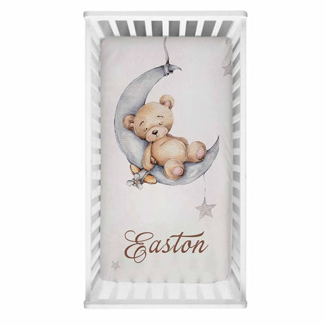 LVYZIHO Sleeping Bear Custom Name Crib Sheet Set, Sleeping Bear Sleep on Moon Crib Bedding Set, Baby Shower Gift Bedding Set