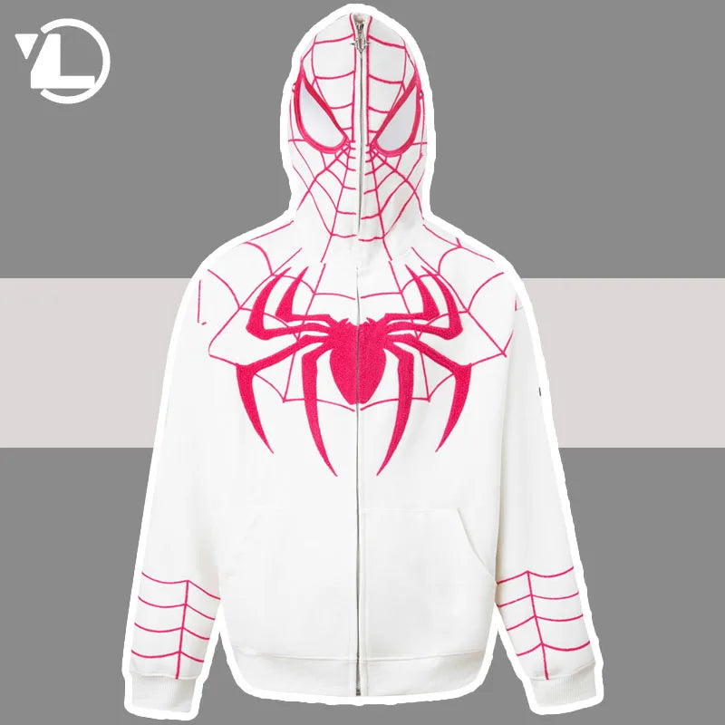 Hip Hop Hoodie Coat Men Women Y2K Harajuku Embroidery Spider Web Full Zip Up Hooded Sweatshirt Loose Streetwear Autumn Tops