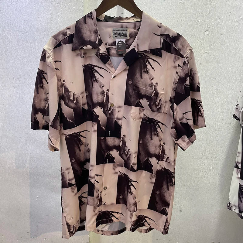 Summer New Wacko Maria Beach Shirt for Men Hip Hop Rose Red Portrait Full Print Harajuku Loose Short Sleeve Marley Same Style