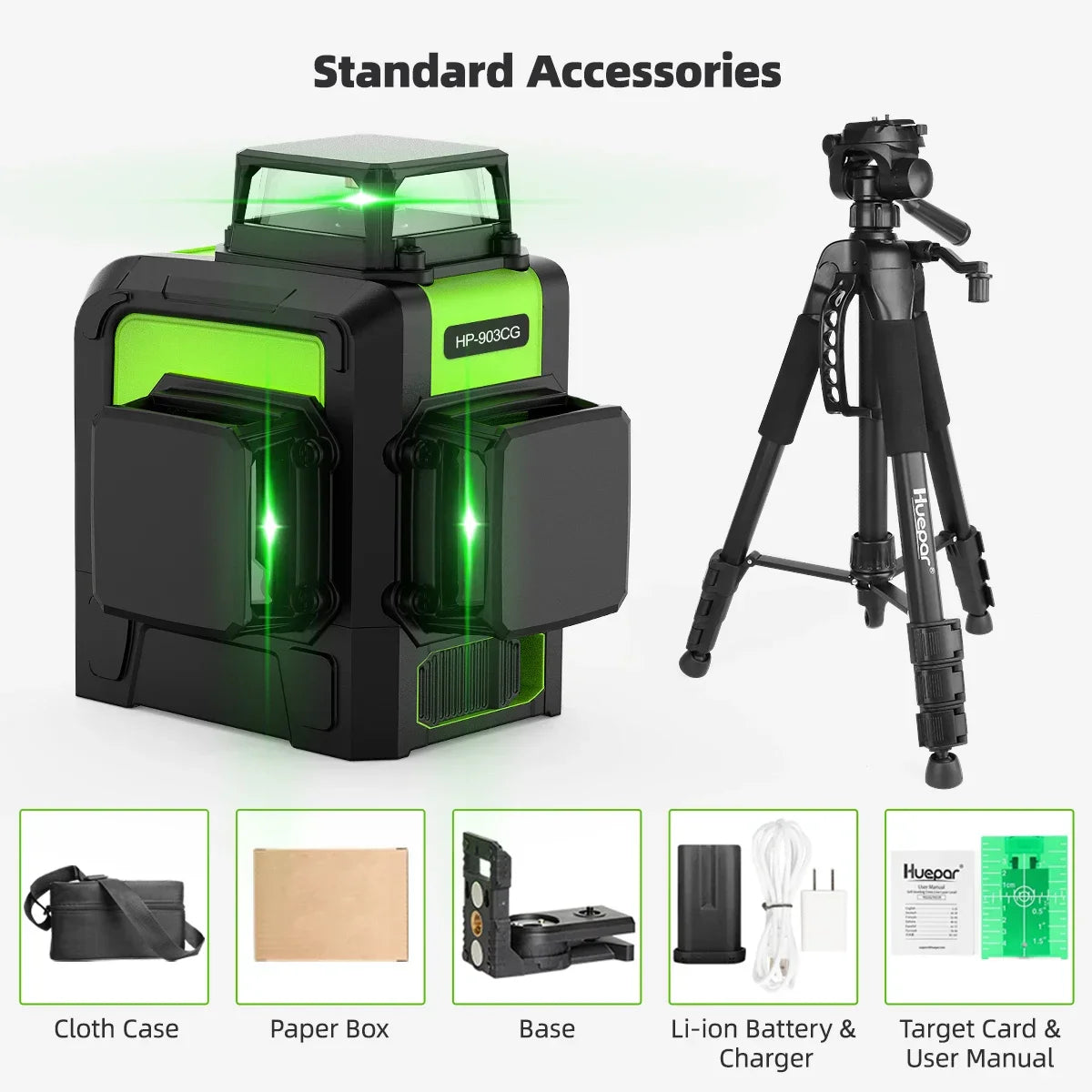 Huepar 12 Lines 3D Cross Line Laser Level Kit Osram Green Laser Beam Self-Leveling 360 Vertical Horizontal with Receiver Tripod