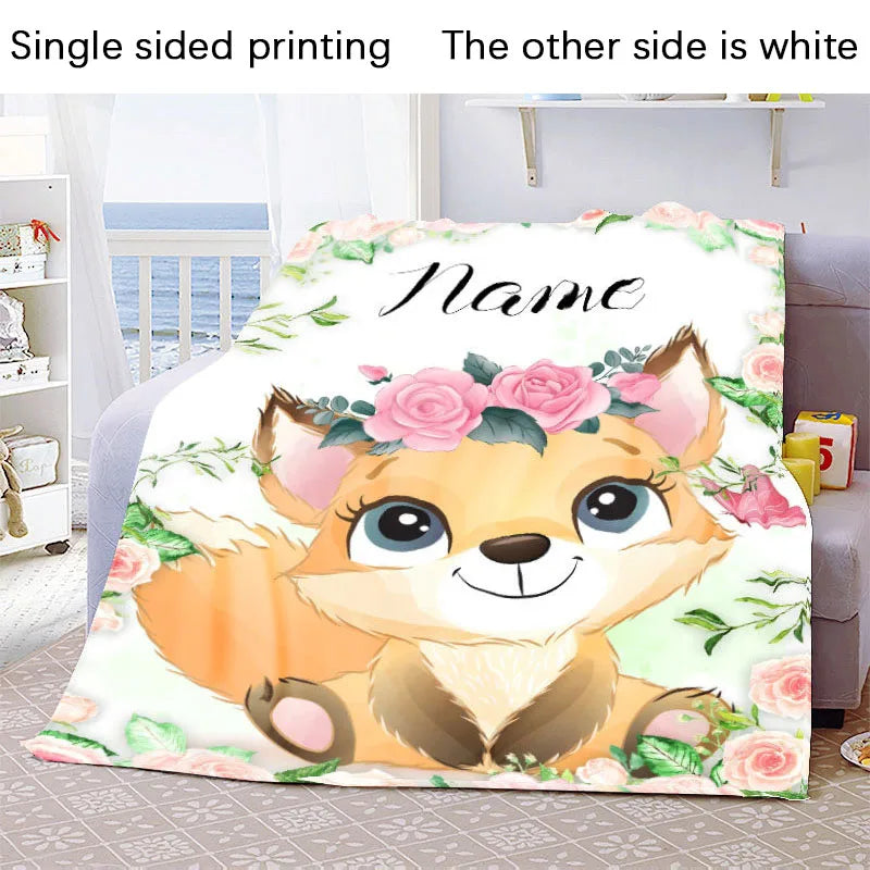 Custom Name Blanket Kawaii Baby Girl Boy Kids Personalized Blankets Cartoon Animal Cute Soft Flannel Throw Blanket Birthday Gift