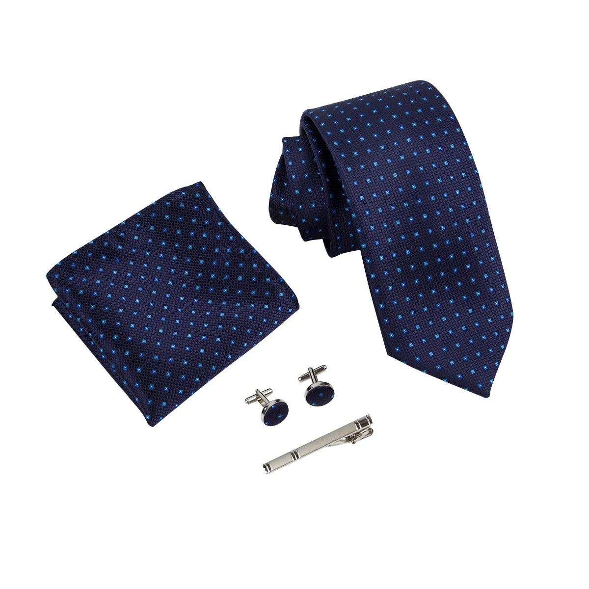 Men Polka Dot Navy Blue Hombre Necktie Sets with Hankie Metal Cufflinks Clip Set Shirt Accessories Fit Wedding Performance Tie