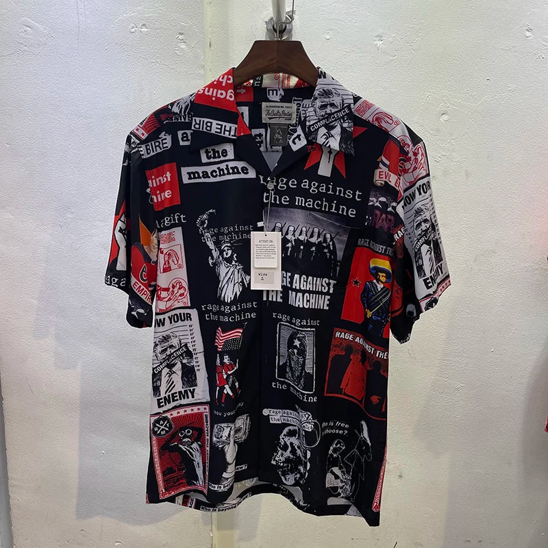 Summer New Wacko Maria Beach Shirt for Men Hip Hop Rose Red Portrait Full Print Harajuku Loose Short Sleeve Marley Same Style