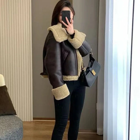 Winter Warm Waterproof Sheepskin Lamb Coat Thick Loose Parka Faux Fur Leather Jacket Female Plus Size Zipper Moto Biker Outwear