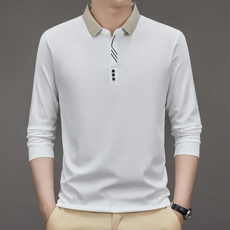 Men's Long Sleeve Turn-down Collar Waffle T-shirt Business Casual Contrast Line Polo Shirt