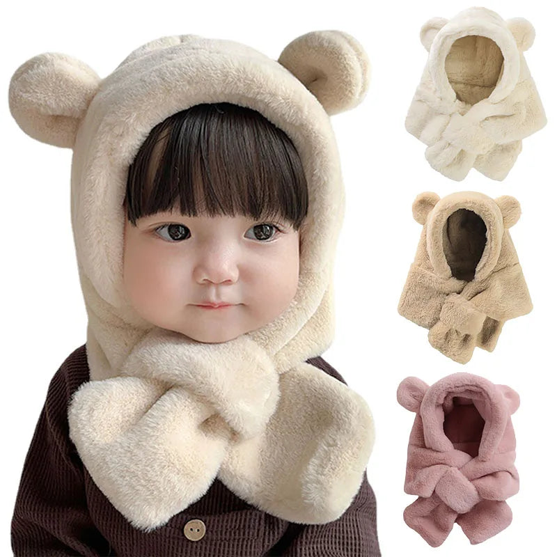 Winter Baby Hat One-Piece Faux Fur Kids Hat Hooded Scarf Bear Ears Warm Neck Ear Cap for Girls Boys Windproof Beanies Infant Cap