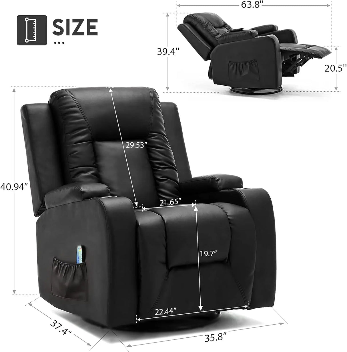 COMHOMA Leather Recliner Chair Rocker with Heated Massage Ergonomic Lounge 360 Degree Swivel Single Sofa Seat Drink Holders