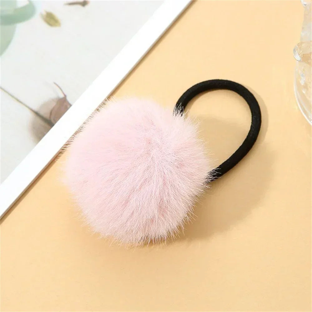 Cute Fur Ball Plush Hair Rope High Elastic Black Hair Ties With Pompom Women Toddler Girls Ponytail Holder Seamless Rubber Bands