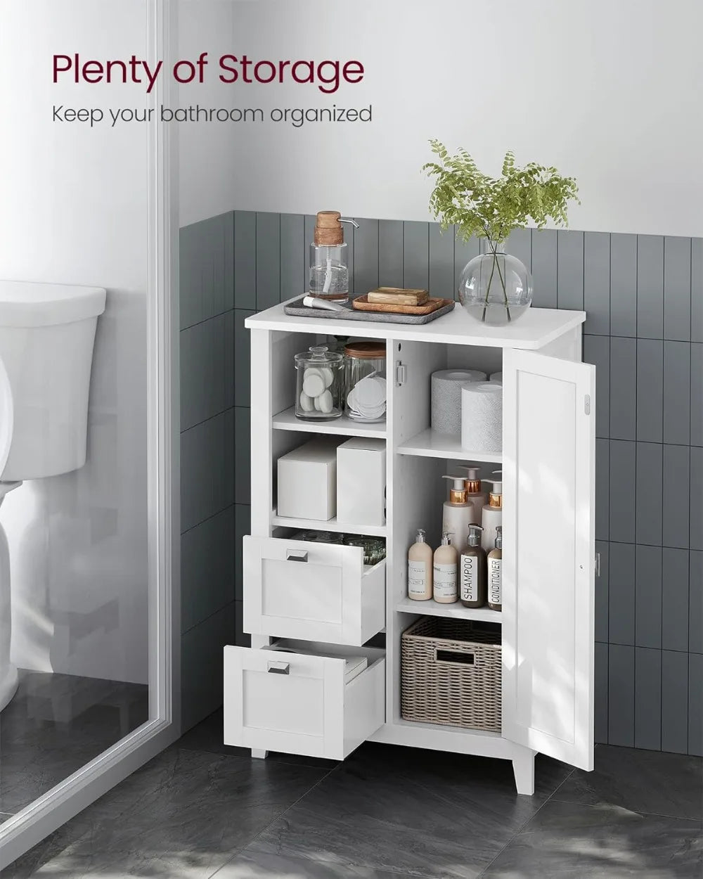 Bathroom Floor Storage Cabinet, Bathroom Cabinet Freestanding, Kitchen Cabinet, with Open Compartment, 2 Drawers, Adjustable