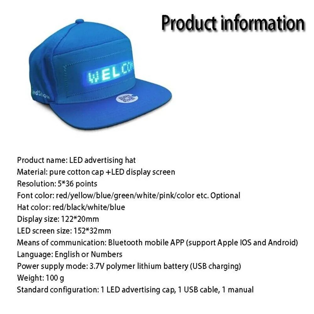 Unisex Baseball Cap USB Rechargeable Bluetooth APP Programmable LED Scrolling Message Display Board Hip Hop Street Snapback Hat