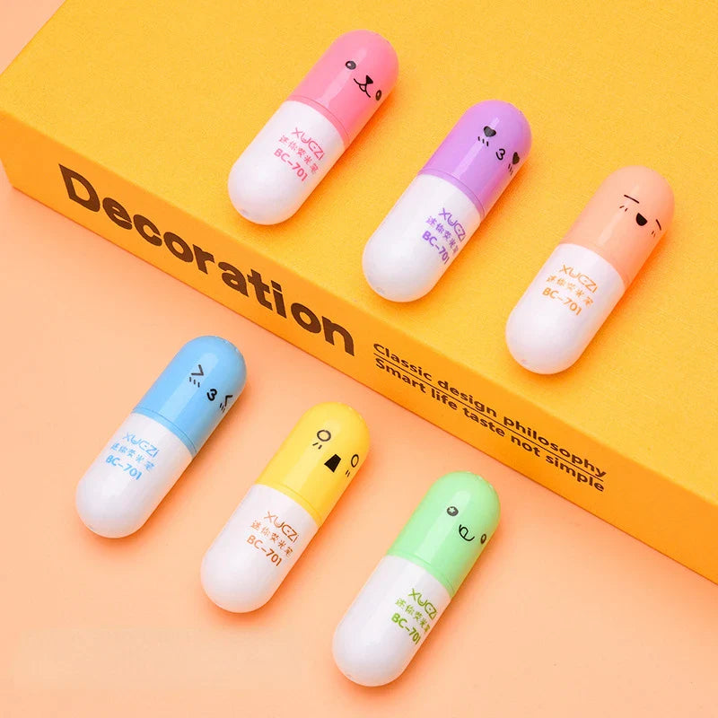 6 Pcs/Lot Capsule Eggplant Shape Cartoon Highlighters School Stationery Students Drawing Supplies Kawaii Mini Paint Marker Pen