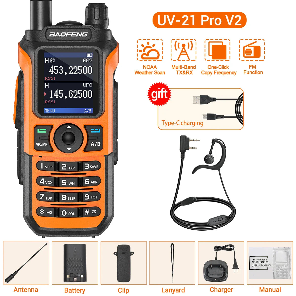 Baofeng UV-21 PRO V2 Walkie Talkie Wireless Copy Frequency 16 KM Long Range TYPE-C Two Way Radio Ham CB Radio UV-5R UV-17