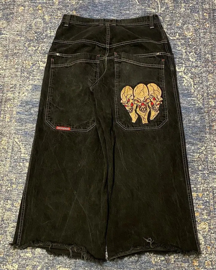 JNCO Jeans Y2K Mens Streetwear Harajuku Hip Hop Retro Skull Embroidered Baggy Jeans New Gothic High Waist Wide Leg Trousers
