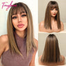 Brown Blonde Short Straight Synthetic Hair Wigs with Bangs for Women Golden Highlight Bob Wigs Cosplay Natural Heat Resistant