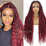 32" Full Double Lace Front Square Knotless Box Braided Wigs With Boho Curls Ends Box Braids Wig With Baby Hair Synthetic Wig 1B