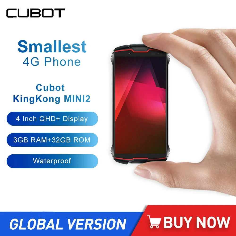 Cubot Kingkong Mini 2 Rugged 4G Waterproof Smartphones Quad Core 3GB+32GB 4Inch QHD+ 3000mAh 13MP Android 10 Small Mobile Phone