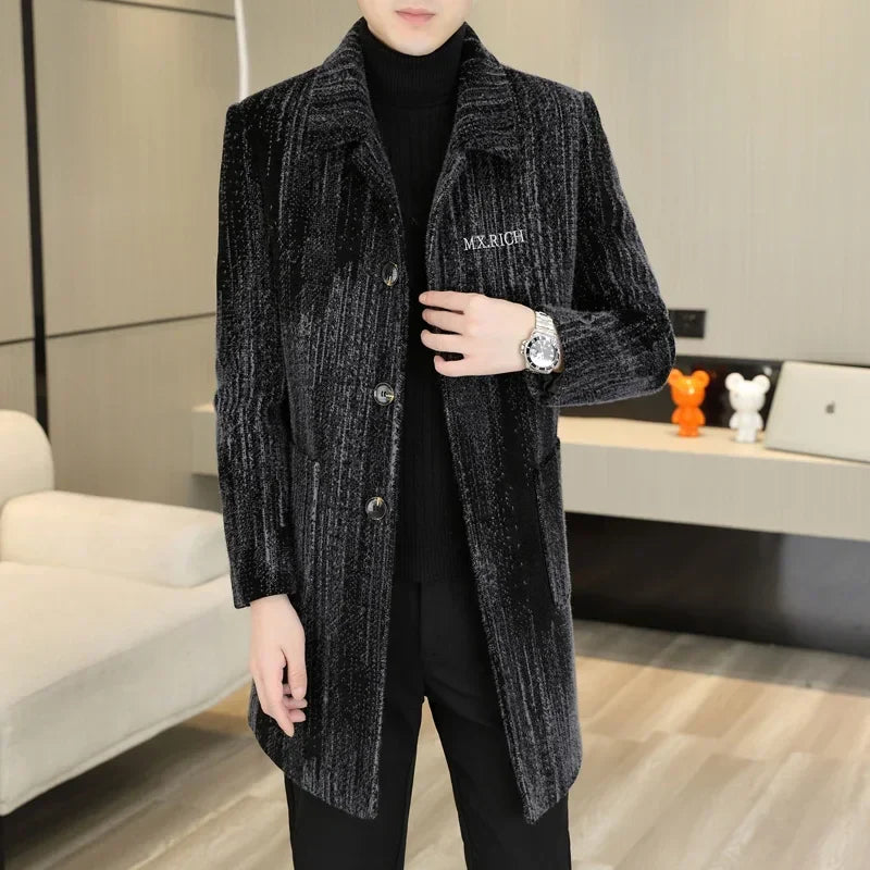 2023 High-end Feel Men Fashion Handsome All Woolen Coat Suit Collar Long Trench Coat Woolen Coat Thick Casual  Winter Jacket Men