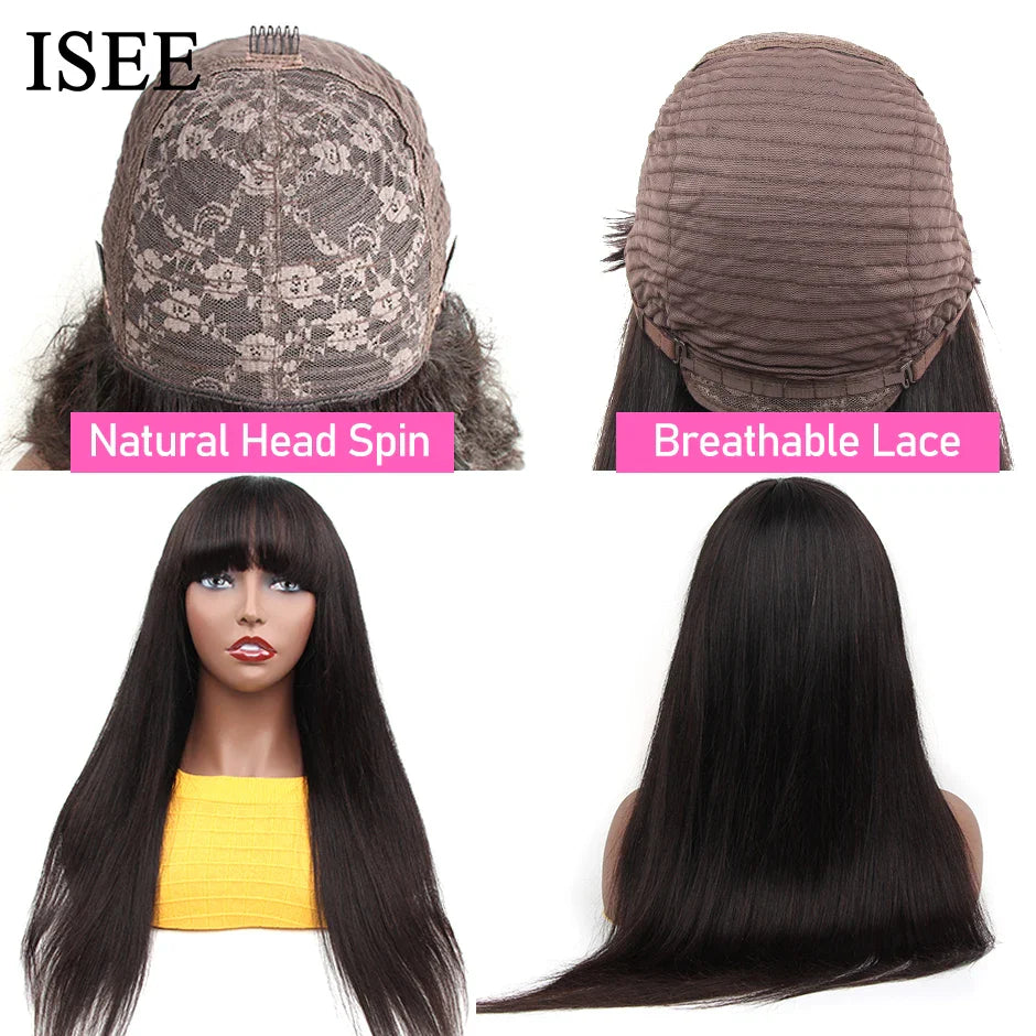 ISEEHAIR Machine Made Sew In Wig Human Hair Straight Wig  Malaysian Straight Wig with Bang Natural Color For Women Glueless Wigs