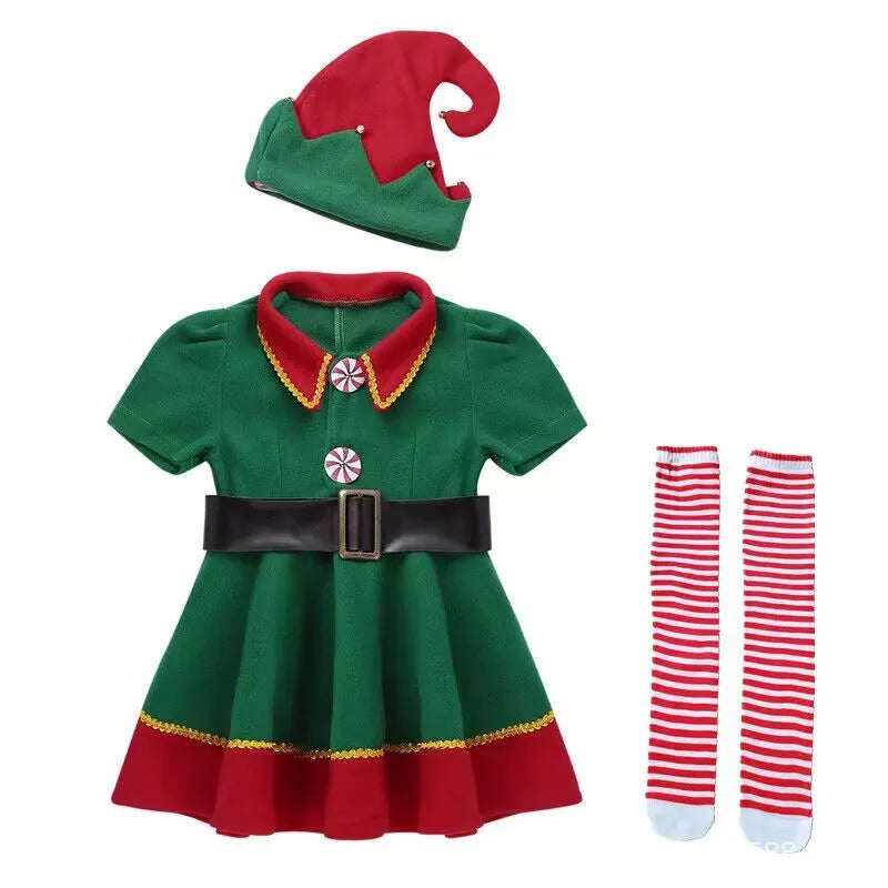 Boys Christmas Elf Costume Girls Xmas Santa Claus Green Elf Dress For Kids Adults Family Matching Outfits Cosplay Clothing Sets