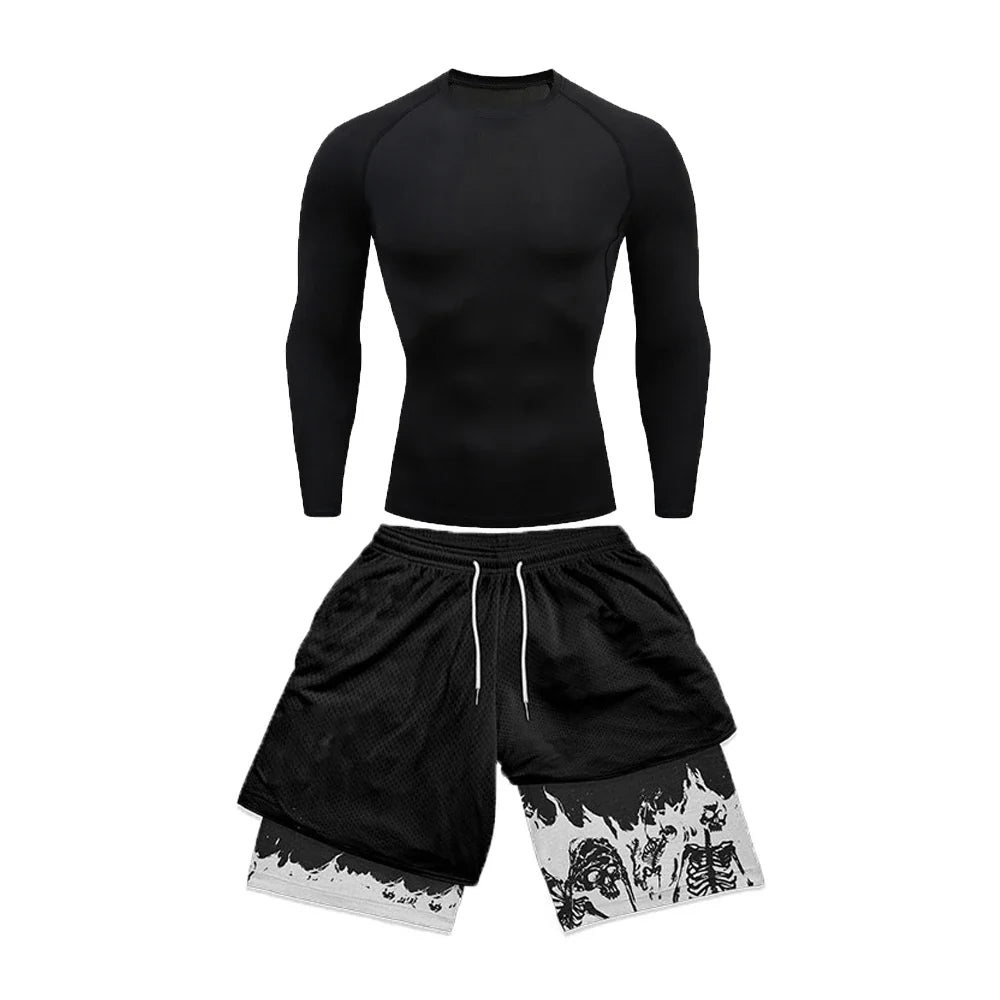 Men's Compression Suit Sports Fitness Quick Drying Suit Tight Short Sleeved Anime Double Layer Shorts Summer