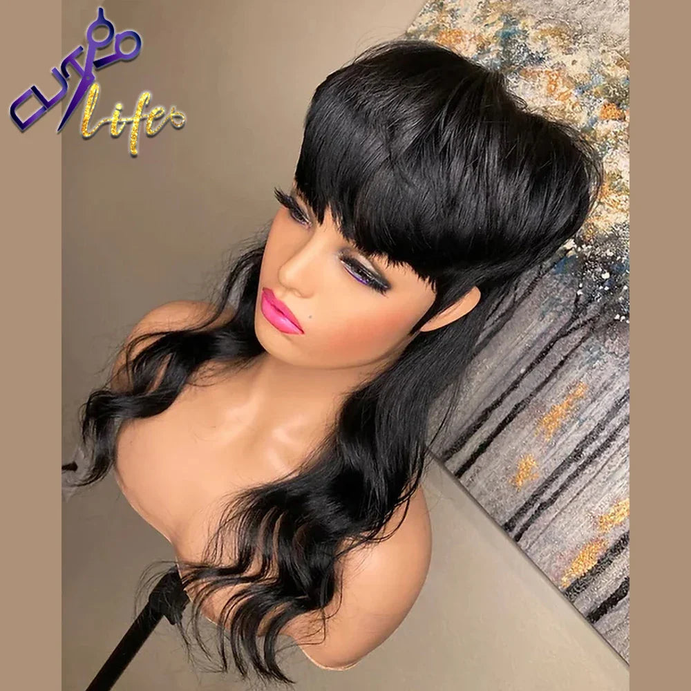 Full Machine Made Wig With Bangs Mullet 18 Inches Body Wave Glueless Brazilian Human Hair Wigs For Women Short Pixie Cut Wigs