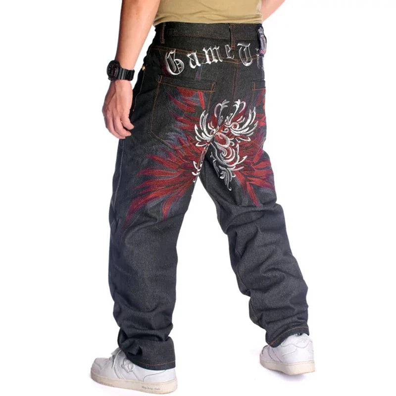 Plus Size Waist 30-46Inch Streetwear Baggy Jeans Men's Designer Clothes Embroidered Flower Wings Trousers Male
