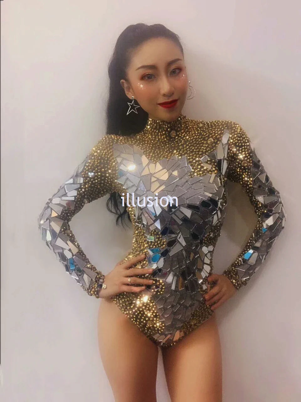 Shining Gold Rhinestones Mirrors Bodysuit Women's Birthday Celebrate Party Outfit DS Bar Singer Dancer Show Performance Costume