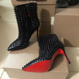 Luxury Top Quality Fashion Sexy Crystal Red Sole Shoes Ankle Boots for Woman Pointed Toe Shoes Party Modern Autumn Booties Rivet