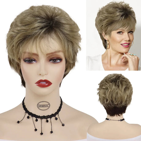 GNIMEGIL Synthetic Short Pixie Cut Wig Women Natural Hairstyle Bangs Wig Blonde Mix Brown Soft Straight Wig for Chemo Patient