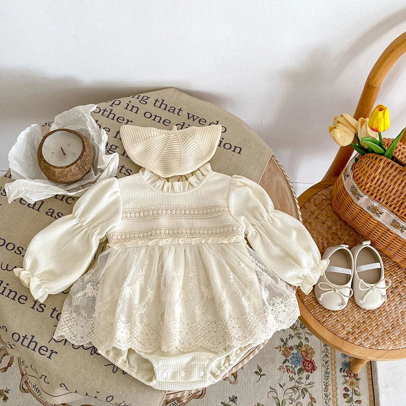 Spring Autumn New Infant Baby Girl Clothes Bodysuit Dress Summer Puff Sleeve Princess One Piece Waffle Lace Clothing Outfits