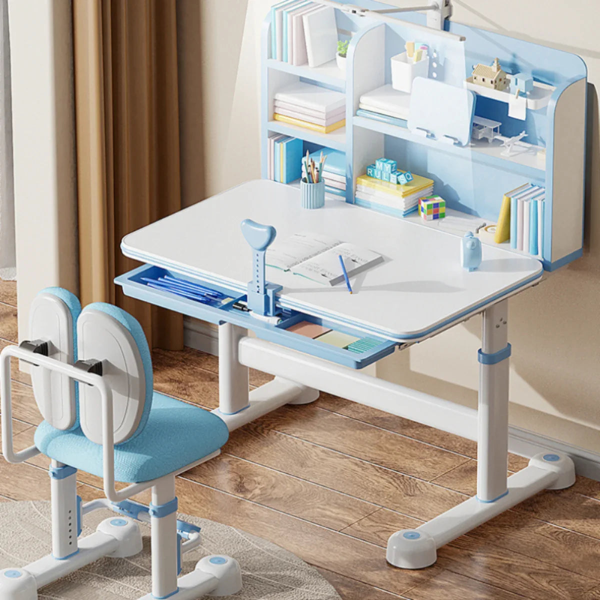 Kids Study Desk and Chair Set, Height Adjustable Ergonomic Children Writing Table with Tilt Desktop, Drawers, Lamp, Bookstand