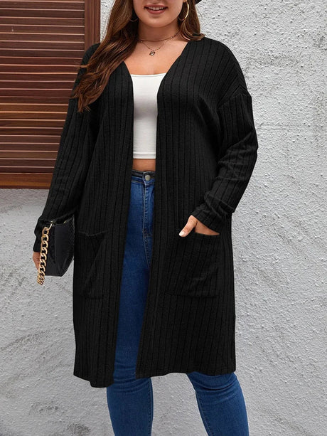 GIBSIE Plus Size Solid Rib Knit Open Front Cardigans Women Spring Autumn Casual Long Sleeve Korean Female Mid-Long Cardigan Coat