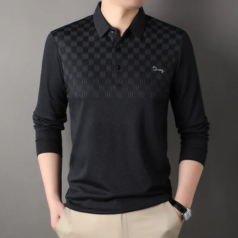 New Fashion Men's Striped Polo Shirts Male Button Collar T Shirt Casual Long Sleeve Tops