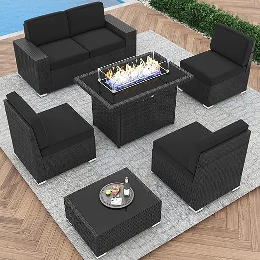 7/8 Pieces Outdoor Patio Furniture Set with  Fire Pit Table Rattan Sectional Sofa Conversation Sets Moden Set for Garden