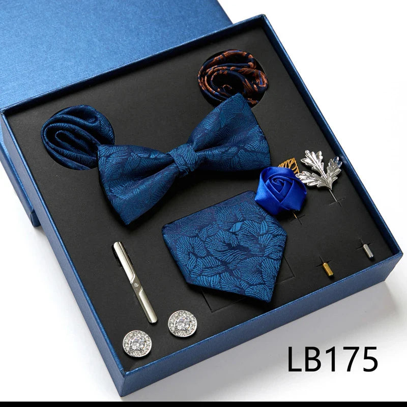 Fashion Men's Tie Gift Box Luxury Brand Necktie Bowtie Pocket Square Brooches Cufflinks Clips Suit For Party Wedding Man Gifts