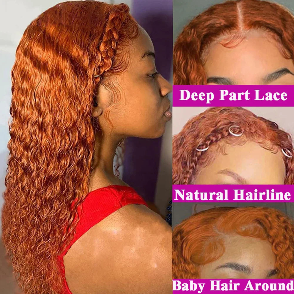 12-34 Inch Ginger Orange 13x6 Curly Lace Front Wigs Deep Curly Human Hair Wigs 13x4 HD Transparent Deep Wave Lace Frontal Wigs