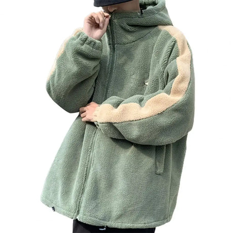 2023 Men Winter Sherpa Jacket Contrast Color Patchwork Fuzzy Coat Hooded Thick Warm Loose Fleece Streetwear Harajuku Parkas