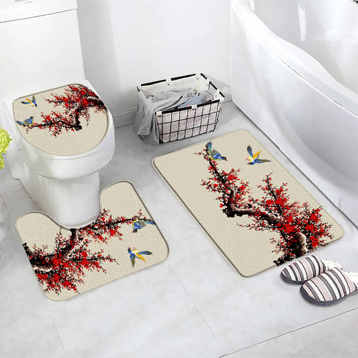 Chinese Style Red Plum Fish Bamboo Printing Bath Mat Bedroom Kitchen Non-Slip Carpet Toilet Cover Rug Flannel Shower Room Decor