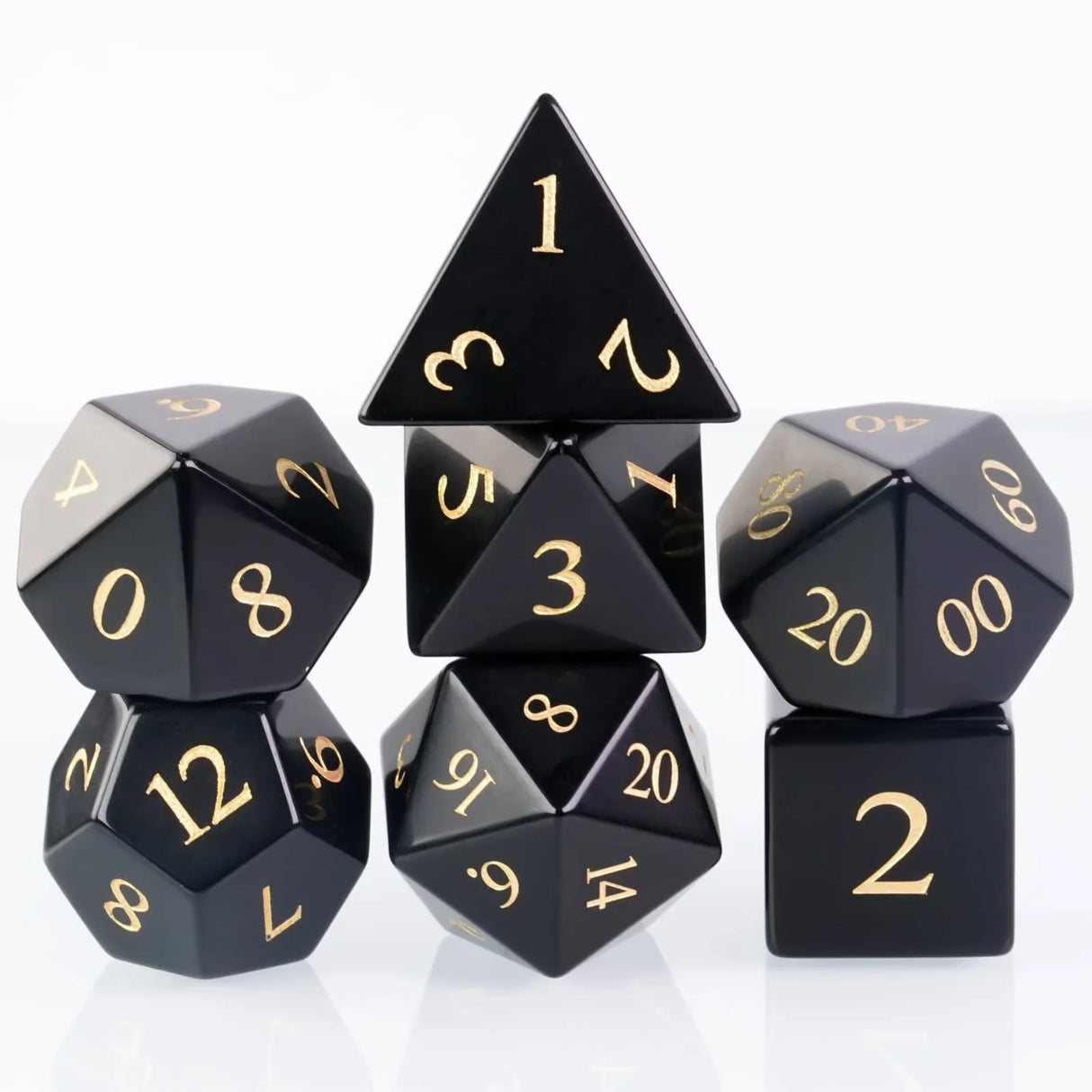 Cusdie 7Pcs Obsidian Dice DND Handmade 16mm D4-D20 Polyhedral Gemstone Dice Set with Leather Box D&D Dices for RPG Collection