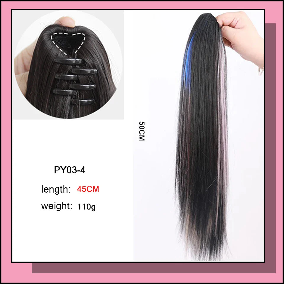 Long Wavy Straight Claw Clip On Ponytail Hair Black mixed with blue Synthetic Ponytail Hair For Women Pony Tail Hair Hairpiece