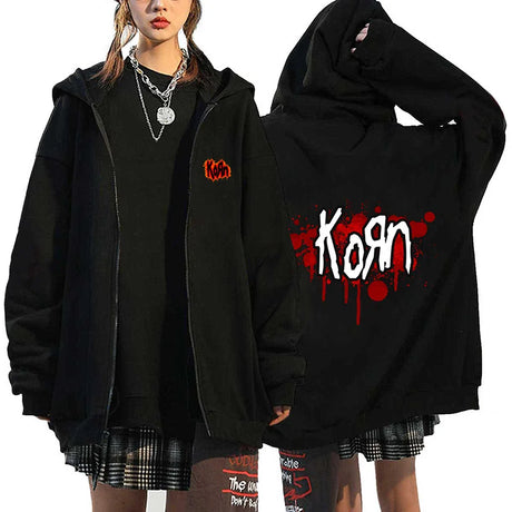 Korn Rock Band Sweatshirts WORLD TOUR Hoodies Cartoon Vintage Metal Gothic Streetwear Zip Up Jackets Tops Fleece Oversized Coats