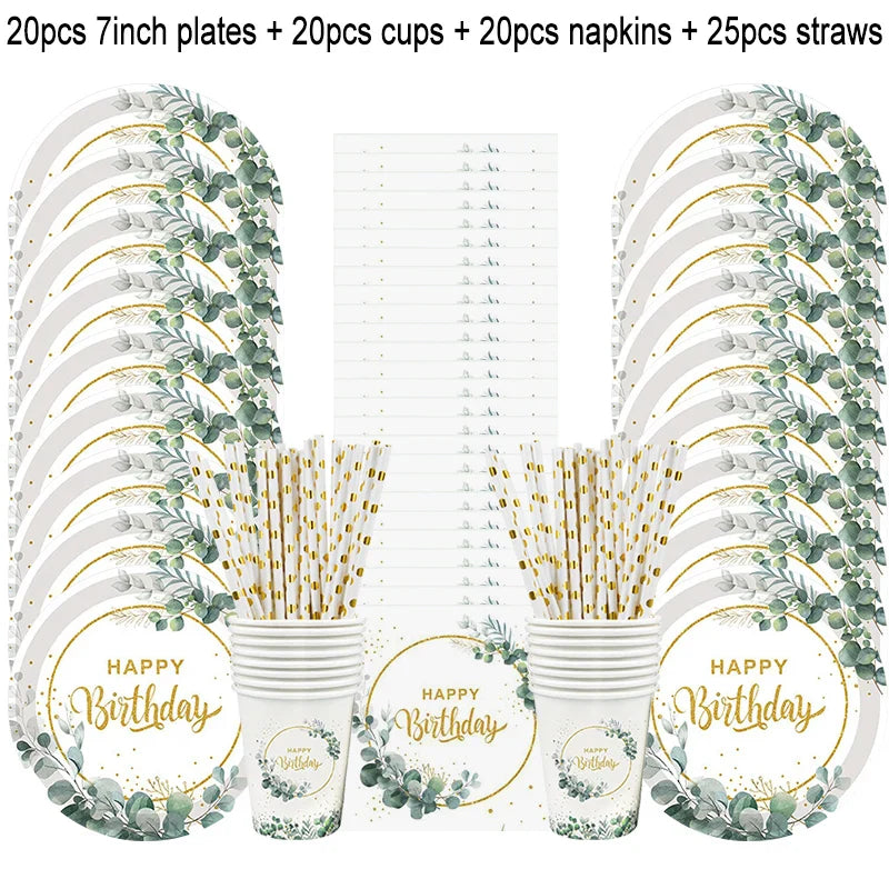 85Pcs Green Eucalyptus Leaf Disposable Tableware Set Paper Plate Cup Napkin Happy Birthday Party Decoration Baby Shower Supplies