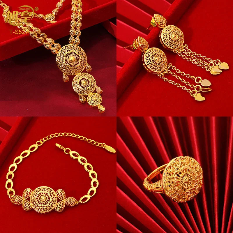 XUHUANG African Big Luxury 4PCS Dubai Gold Color Jewelry Necklace Sets For Women Bridal Wedding Sets 2023 Trend Jewellery Gifts