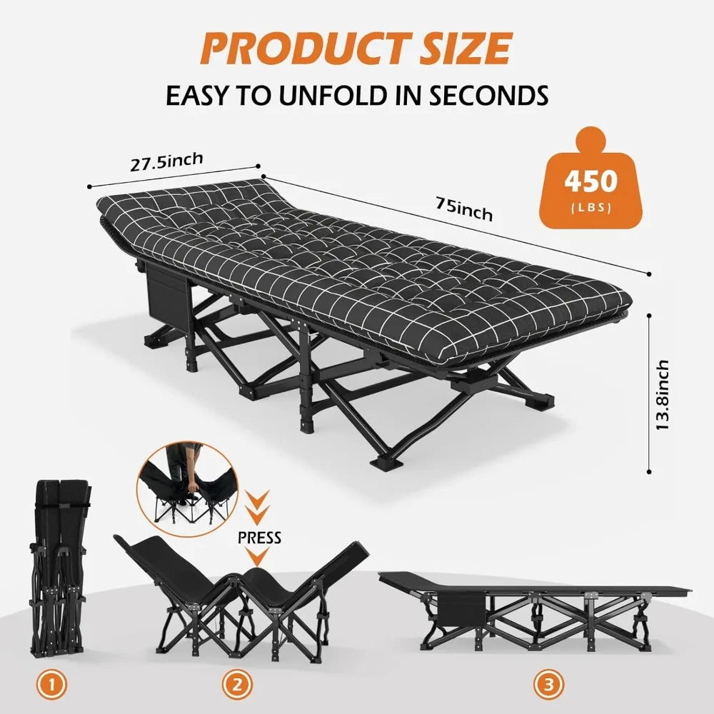 Camping Cot for Adults with Cushion Comfortable,Portable Folding Bed for Sleeping,Lightweight Folding Bed with Carry Bag