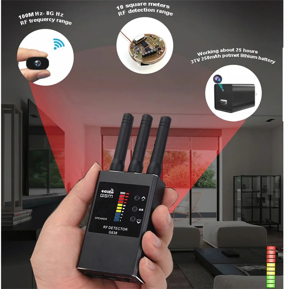 G638 Anti Spy Wireless RF Signal Detector Bug GSM GPS Tracker Hidden Camera Eavesdropping Device Military Professional Version